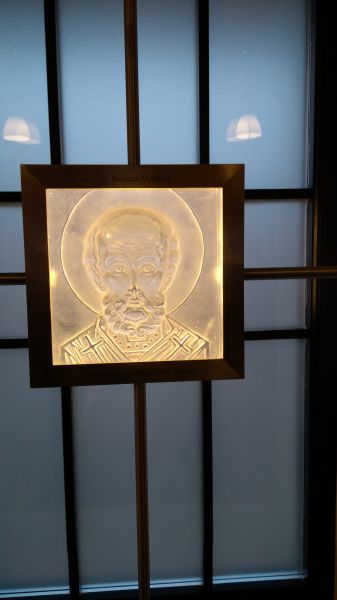 Illuminated crystal icon of St. Nicholas